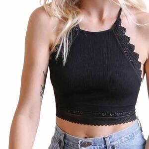 NEW LETO high neck crochet lace bralette in black